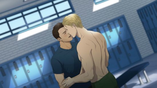 Best sex games - Coming Out On Top: Two men, one topless, making out in a changing room