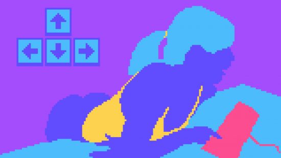 Best sex games - NSFWare: A blue pixelated woman using a keyboard with arrow keys in the corner