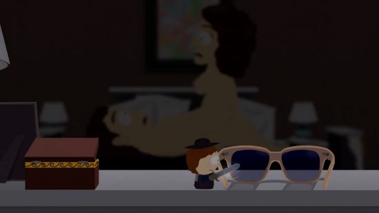 Best sex games - South Park: The Stick of Truth: The player walking on a mantelpiece while their parents have sex in the background