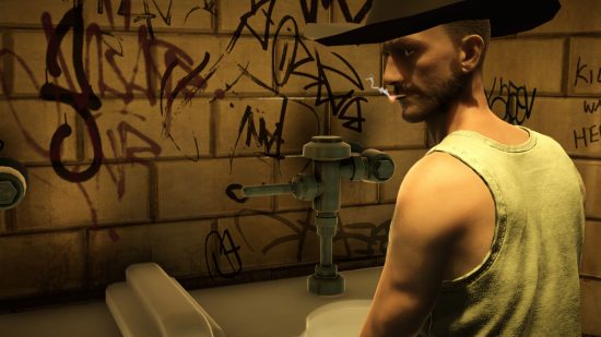 Best PC games - The Tearoom: A man in a bathroom looking behind him