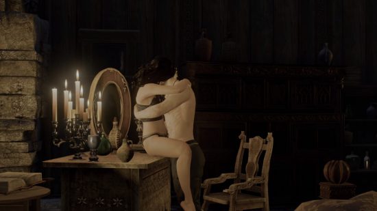 Best sex games - The Witcher 3: Geralt and Yennefer making out on a desk