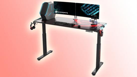 Best standing desk: Eureka gaming desk with dual monitors and PC on left