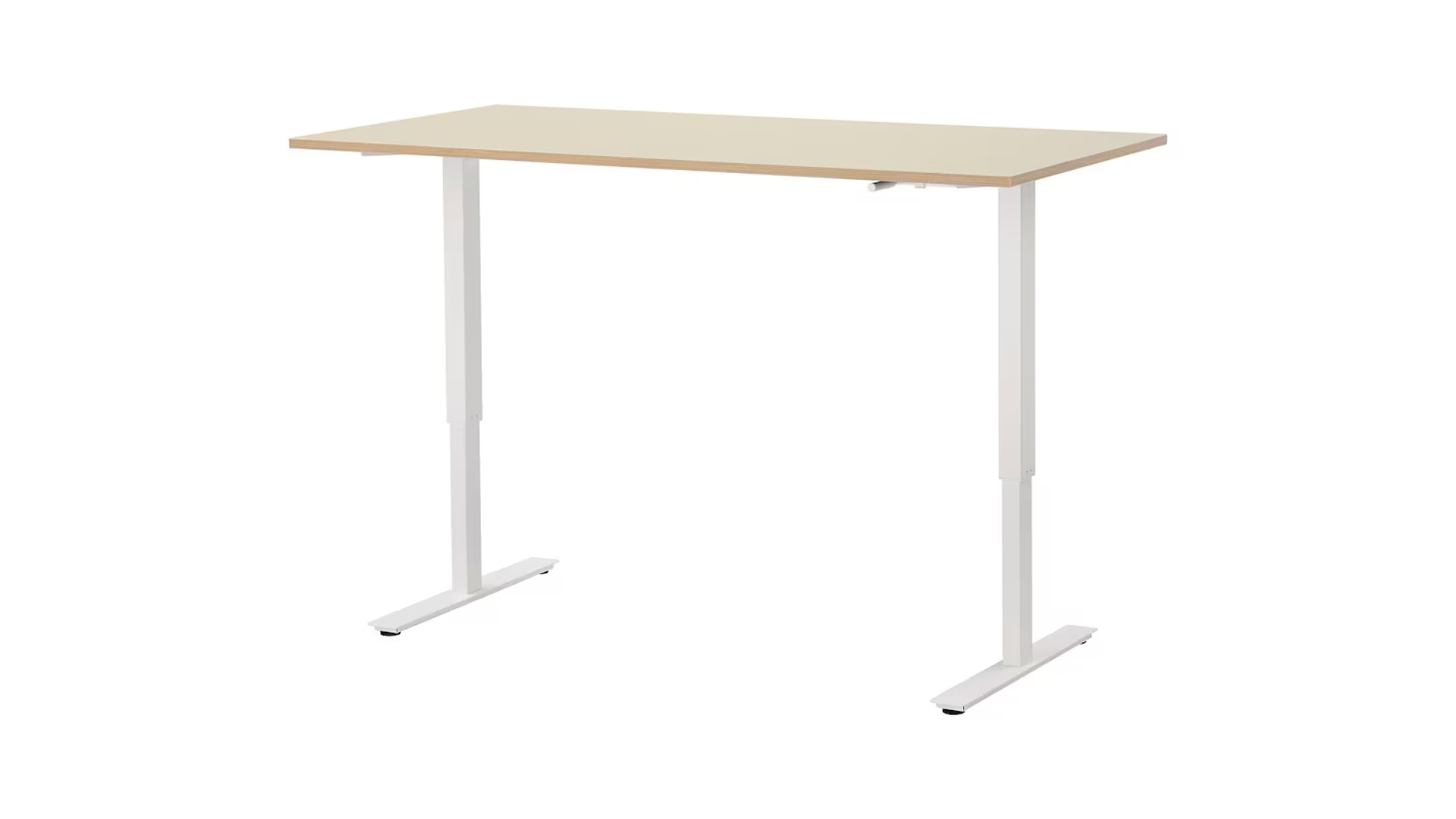 The Ikea standing desk has a light wood tabletop and white legs, seen here against a white background