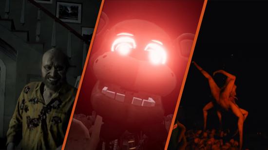 VR Horror Games splejset sammen: til venstre et billede af Resident Evil VII, i midten et billede af fem nætter på Freddy's: Help Wanted og til højre et skærmbillede af skoven