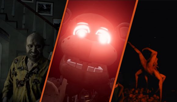 VR horror games spliced together: on the left an image of Resident Evil VII, in the middle an image of Five Nights at Freddy's: Help Wanted, and on the right, a screenshot of The Forest.