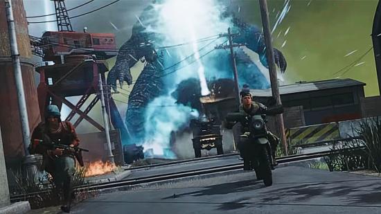 Operators flee through a small town as Godzilla emits a devastating breath ray behind them in Call of Duty: Warzone