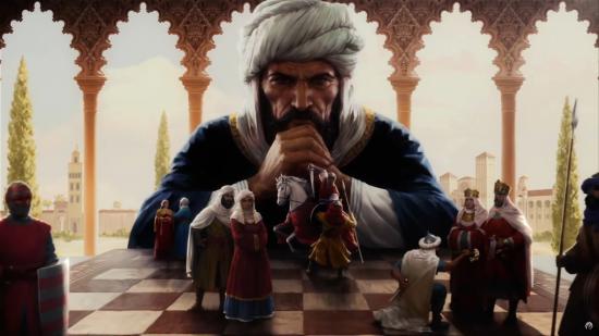 A bearded ruler peers over a chessboard with political figures standing on its squares.