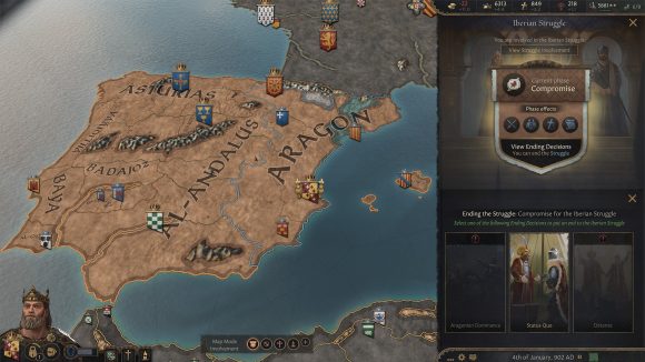 The end state screen for the new Crusader Kings Struggles system, showing that the player has chosen to maintain status quo.