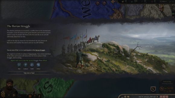 The starting pop-up for the new Struggles system coming to Crusader Kings in Fate of Iberia.