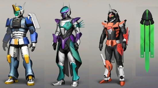 Destiny 2 armor vote: three Gundam-inspired amour are displayed against a white wall