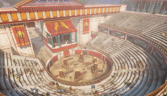 A sparse crowd watches in a Roman arena as gladiators prepare for battle in Expeditions: Rome's Death or Glory DLC.