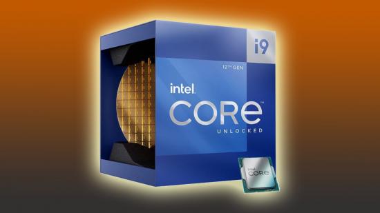 Fastest Intel CPU: Alder Lake i9 chip and box on orange backdrop