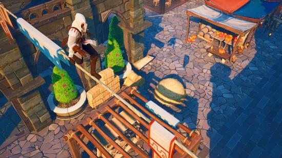 Fortnite Assassin's Creed map code: a player dressed as Ezio walks across a tightrope