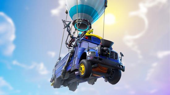 A battle bus flies through the sky in Fortnite Chapter 3 Season 2