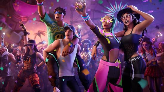 Four Fortnite concertgoers take selfies and cheer in the Coachella crossover event