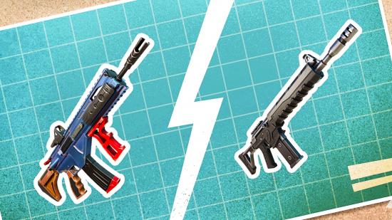 Fortnite funding stations: a blue print of two Fortnite guns torn in two on a table