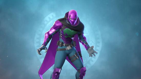 Fortnite Prowler skin: The Prowler has a magenta hood and a forked cape. His hands have claws on them.