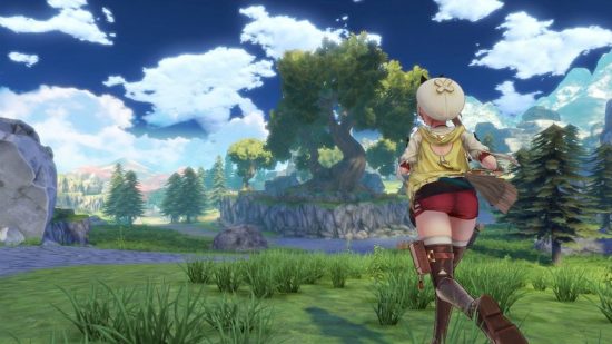 Game seperti Stardew Valley - Atelier Ryza: Protagonis wanita berjalan melalui lanskap anime yang penuh warna
