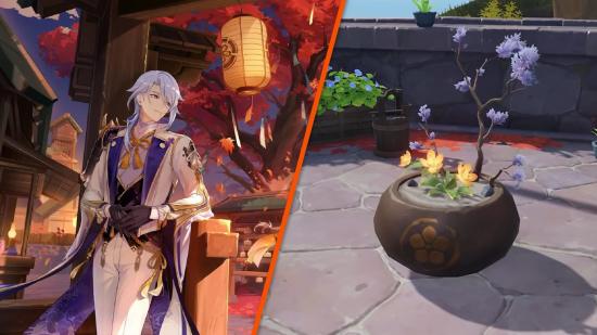 Genshin Impact floral courtyard - a split image showing Ayato character art and a floral pot