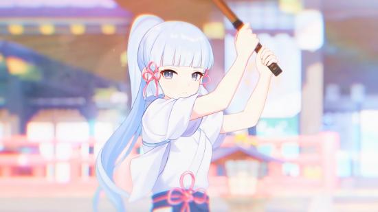 Genshin Impact: A young girl, Ayaka, holds a training sword