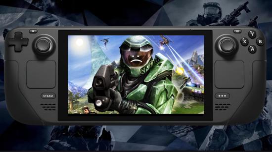 Halo MCC: Halo Combat Evolved's artwork with a sad face imposed on Master Chief's helmet