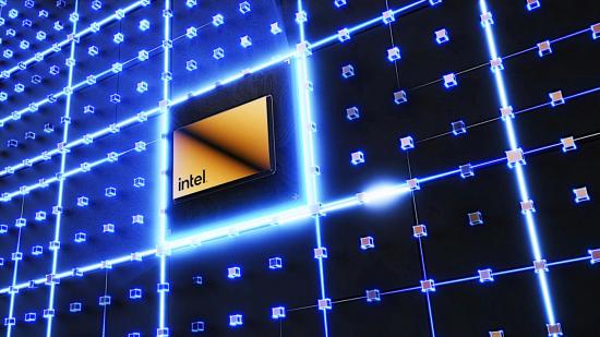 Intel Alder Lake: An artist's rendering of an Intel chip placed among a blue-black grid