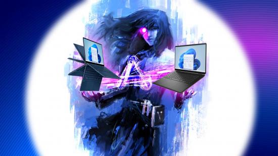 Intel Arc Alchemist mascot with HP and Asus gaming laptop models floating in each hand