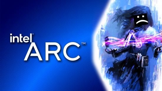 Intel GPU: Arc Alchemist logo with mascot on right and logo on left with sad face over mascot head
