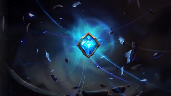 The League of Legends Challenges crystal glows blue and is surrounded by swirling debris.
