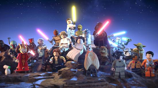 Lego Star Wars Skywalker Saga codes: Various characters from Star Wars in Lego form standing or sitting on rocks. Some are wielding lightsabers.