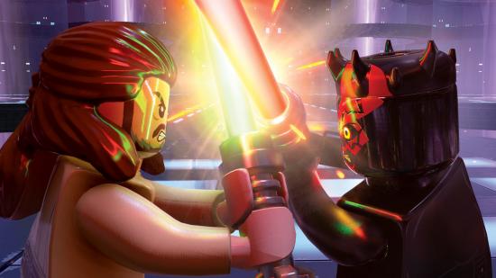 Darth Maul and Qui Gon Jinn clash lightsabers in Lego Star Wars: The Skywalker Saga