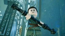 Lego Star Wars The Skywalker Saga Scavenger Abilities: Rey holding her staff using both hands on a rickety platform