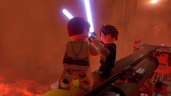 Lego versions of Obi-Wan Kenobi and Anakin Skywalker duel in Lego Star Wars: The Skywalker Saga on Steam
