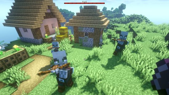 Quatro pilhagadores objetam bestas para os jogadores durante uma onda de Minecraft Village