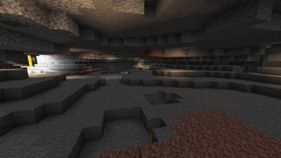 Minecraft Biomes-角にLavafallがあるMinecraftの洞窟。