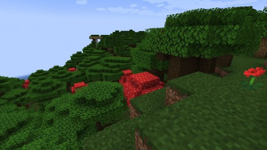 Minecraft Biomes-暗い森のツリートップの上に立って、木々の間にキノコが成長しています。