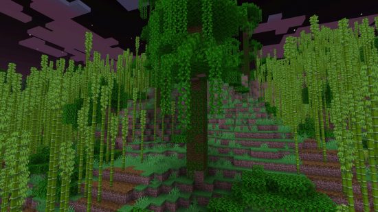 Minecraft Biomes-ジャングルバイオームのぶどうに覆われた木の上に巨大な木が並んでいます。