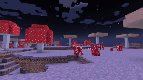 Minecraft Biomes-マッシュルームの畑で放牧されているムースルームの群れ。