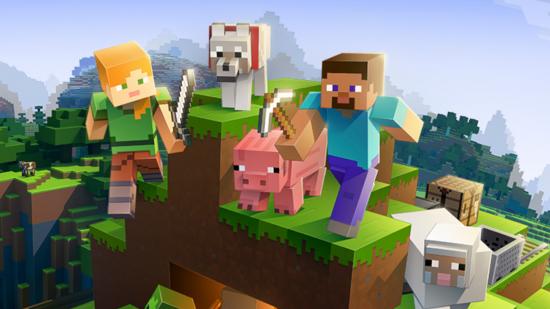 Minecraft co-op speedrun: A group of Minecraft characters and animals on a mountaintop