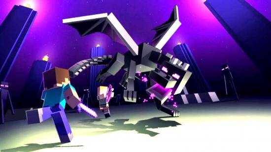 Promo art for a Minecraft Ender Dragon fight