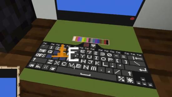 A Minecraft player's working keyboard is shown attached to an in-game screen with the letter E displayed.