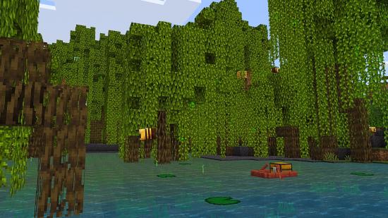 Minecraft snapshot 22w14a: a Mangrove boat floats down the stream in the swamp