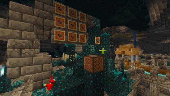 Minecraft snapshot 22w16b: parrots flock to a cave stuffed with music boxes