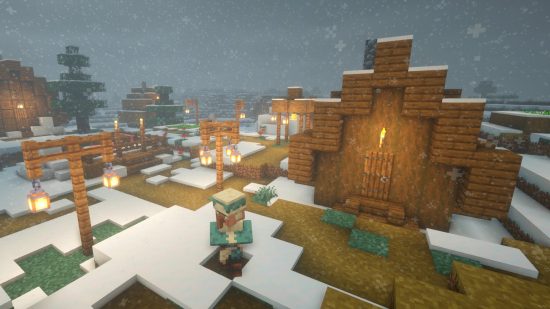A snowy plains Minecraft village with snow falling, as a villager walks around