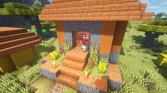 Um aldeão de bibliotecários do Minecraft fica do lado de fora de sua casa em uma vila de Savannah Minecraft