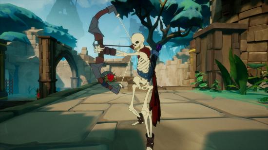 A grinning skeleton archer takes aim in MythForce.