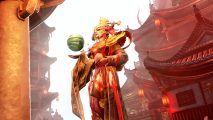 A woman in red and gold phoenix-themed costume holds a levitating orb in New World.