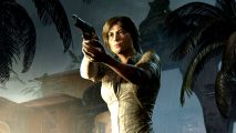 Next Tomb Raider game: Lara Croft points a gun offscreen in Shadow of the Tomb Raider
