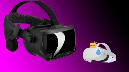 Oculus Quest 2 next to Valve Index headset on purple backdrop