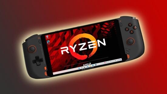 onexplayer handheld gaming PC on orange and black backdrop
